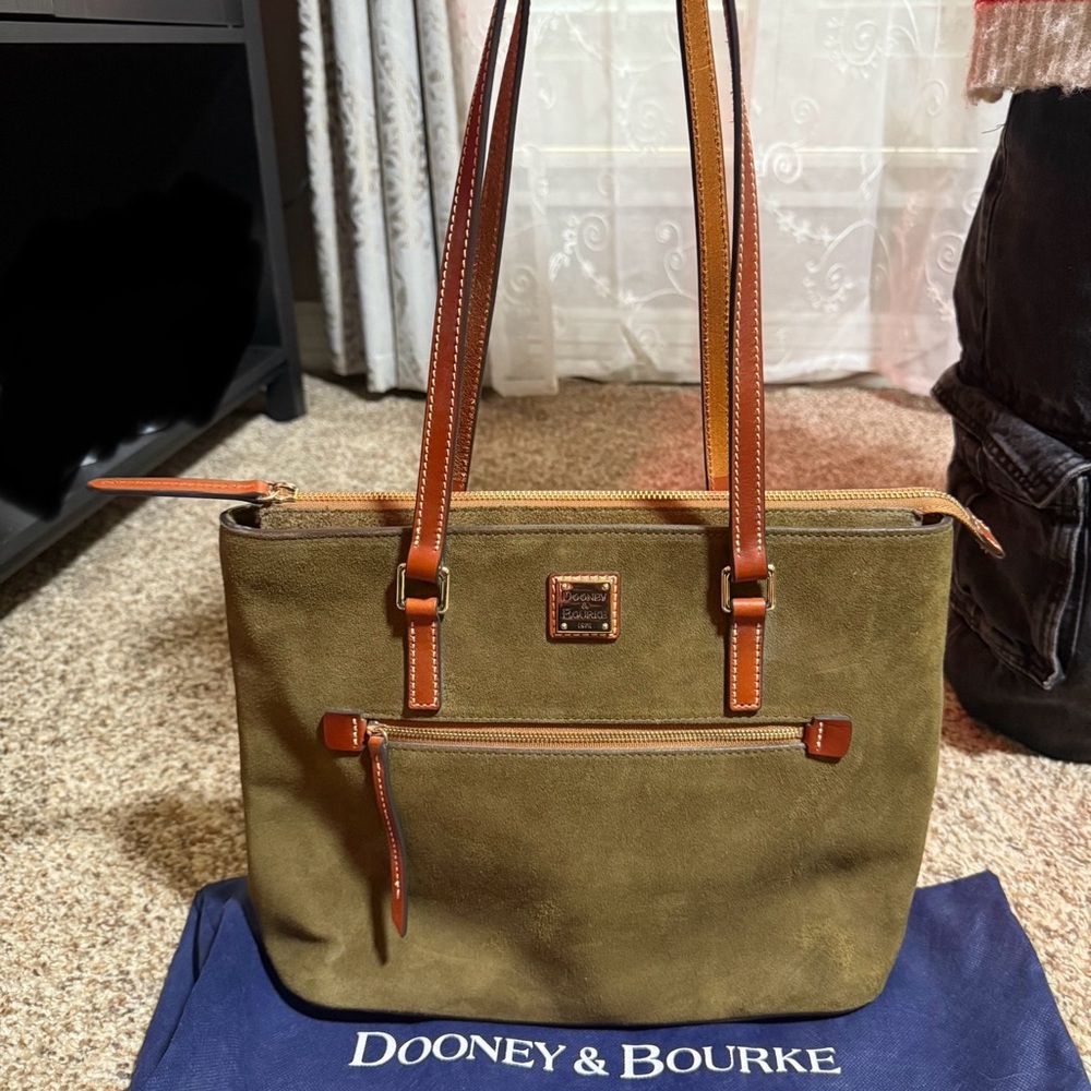 Dooney & Bourke Olive Green Canvas Shoulder Bag with Brown Leather Trim